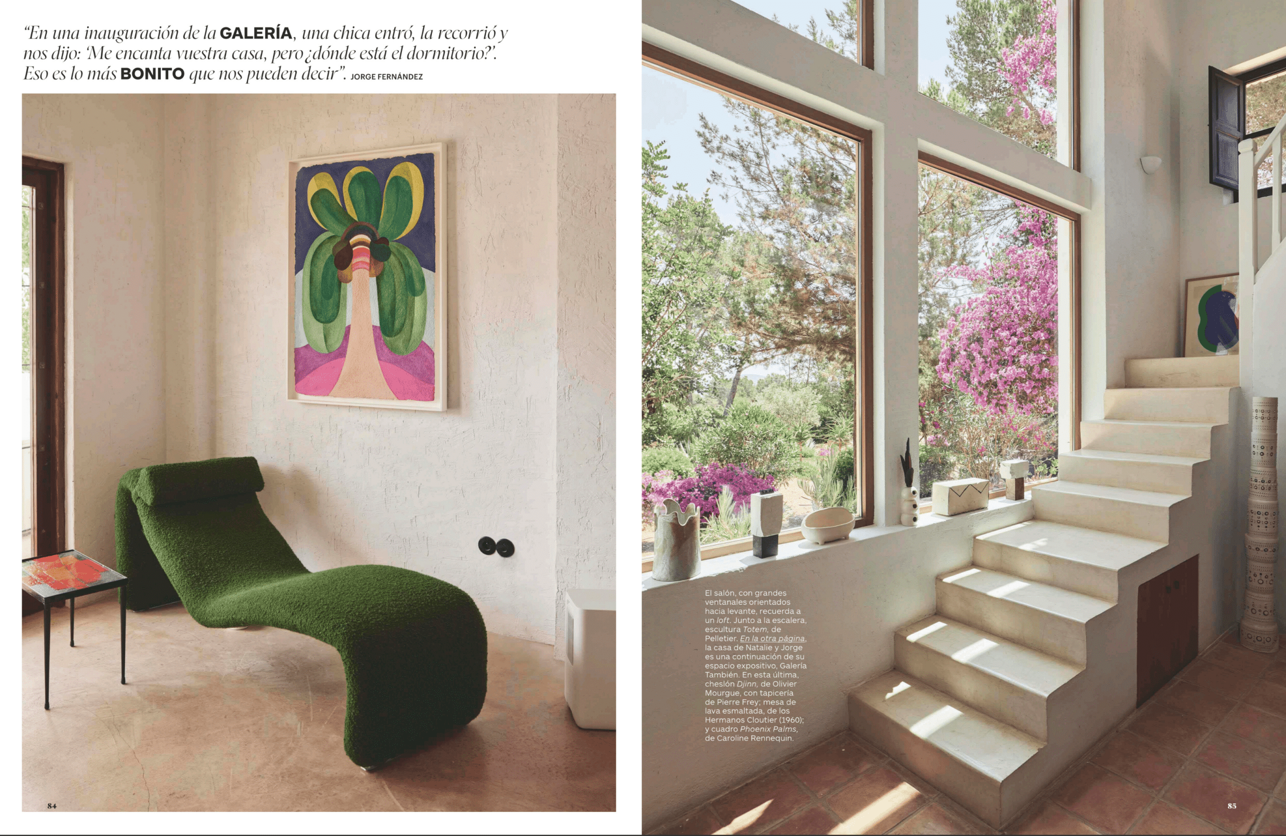 Ad Spain juillet 2024 reportage sur l'incroyable finca et la Galeria Tambien à Ibiza chez Jorge Fernández et Natalie Rich.